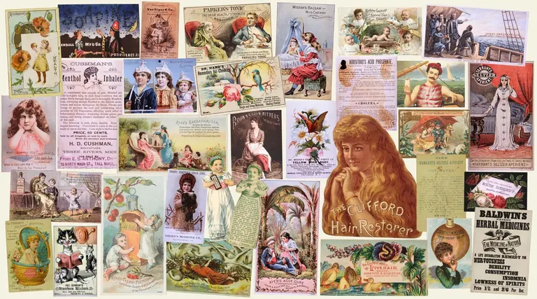 Un collage façon album, composé de documents éphémères du commerce médical, mettant en valeur des illustrations colorées de publicités médicales