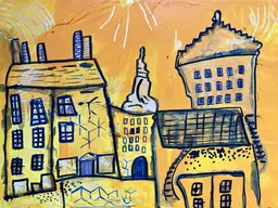 Dessin coloré de la vieille ville d’Édimbourg dans des tons de jaune, d’orange et de bleu