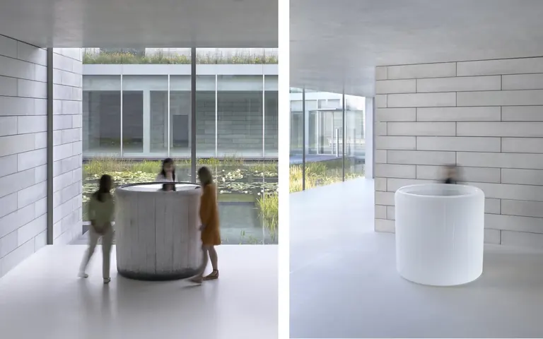 Roni Horn, Water Double, v. 3, clear and black cast-glass sculptures in the Passage of the Pavilions at Glenstone