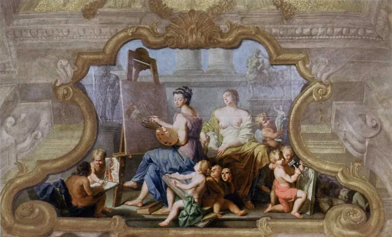 رمزية الرسم والنحت لـ Jacob van Schuppen على سقف قاعة Eroica Hall في Palais Lobkowitz