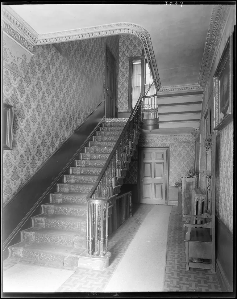 Interior stairway of the Harrison Gray Otis House, Boston, photographed from the Lynde Street entrance hall
