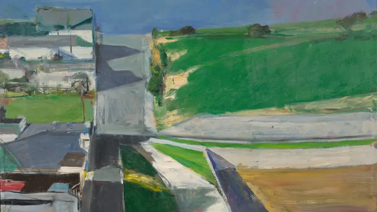 Richard Diebenkorn, Cityscape #1, 1963 : peinture à l’huile d’une rue en pente de San Francisco, rendue par de larges aplats de couleur