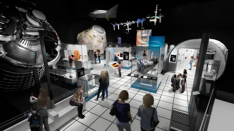 An architect's rendering of the At Home in Space gallery, showing objects relating to living and working in orbit