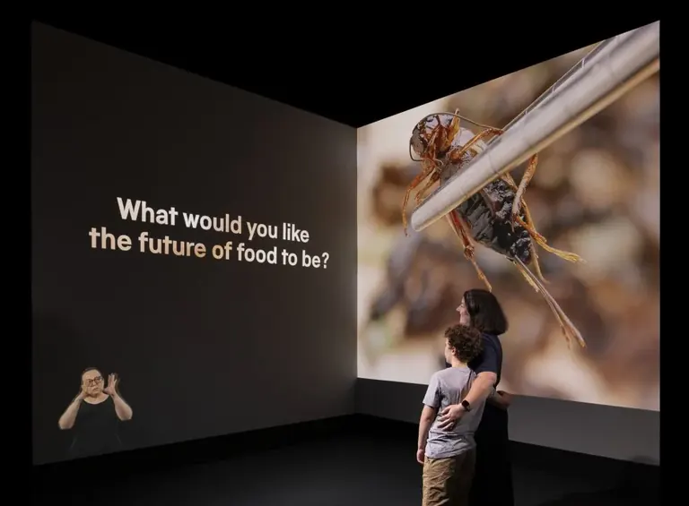 Visitant que mira una pantalla de vídeo a l’exposició Future of Food del Science Museum