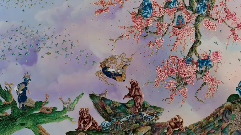 Détail d’un panneau du tableau monumental de Raqib Shaw, Paradise Lost