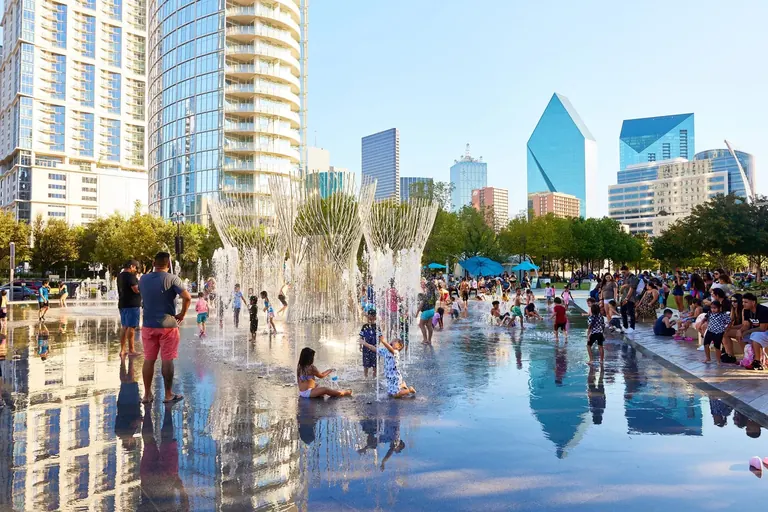 Fountain at Klyde Warren Park, a deck park over a downtown freeway