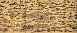 Scènes dans et autour de la capitale (paravent de gauche), de Kano Eitoku, Trésor national, Yonezawa City Uesugi Museum