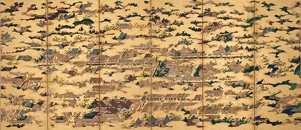 Scènes dans et autour de la capitale (paravent de gauche), de Kano Eitoku, Trésor national, Yonezawa City Uesugi Museum