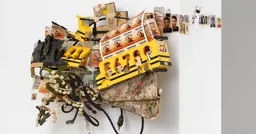 A wall-mounted assemblage sculpture of yellow toy buses, black electrical cords, white beads and small photographs on a floral-patterned fabric base