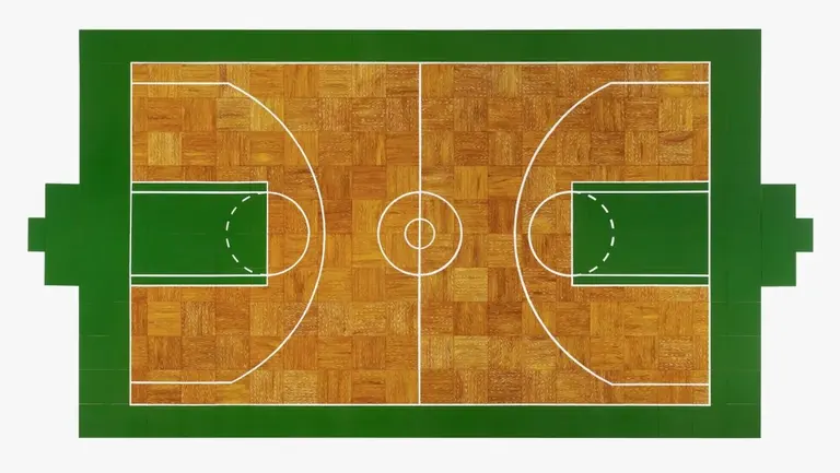 Brooke Stewart installation referencing a Boston sports court, on the Fineberg Art Wall