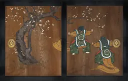 Prunier et Nasori, portes en cèdre peintes par Hara Zaisho, 1852