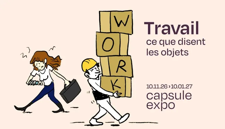 Illustration for the Travail, ce que disent les objets capsule exhibition: a worker carrying boxes spelling WORK past an office worker with a briefcase
