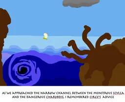 Scylla and Charybdis, a panel from Mary Garrard's digital graphic narrative The Odyssey by Homer (So They Say)