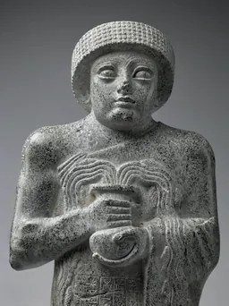 Gudea with the flowing vase, a Mesopotamian statue in the Primeval Waters exhibition