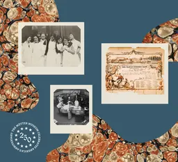 Formes organiques marbrées rouges et orange sur fond bleu, avec des photographies estompées de professionnels de santé disposées en quinconce sur l’image