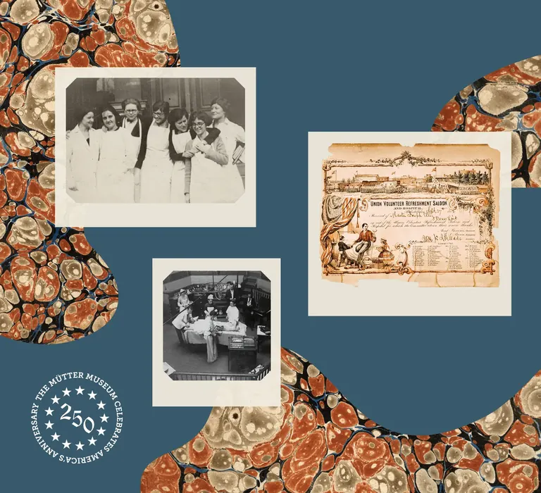 Formes organiques marbrées rouges et orange sur fond bleu, avec des photographies estompées de professionnels de santé disposées en quinconce sur l’image