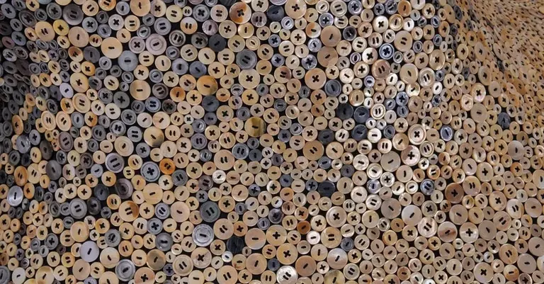 Detail of hand-sewn mother-of-pearl buttons from Nick Cave's Louder Still, 2025