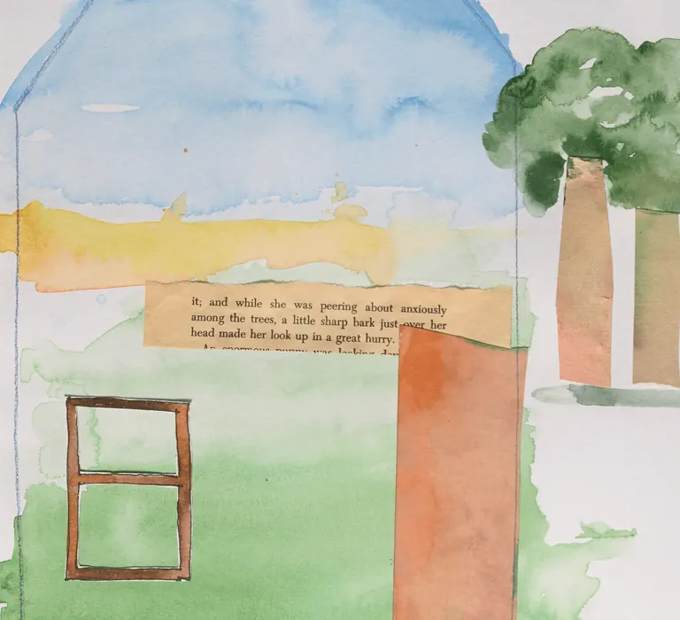 Aquarelle représentant une maison stylisée, avec une base verte et un toit bleu, flanquée de deux arbres