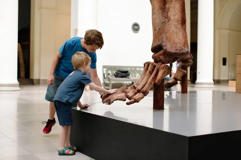 Dos joves visitants s’ajupen per tocar el peu de Máximo, un motlle de l’animal més gran que s’ha descobert mai.