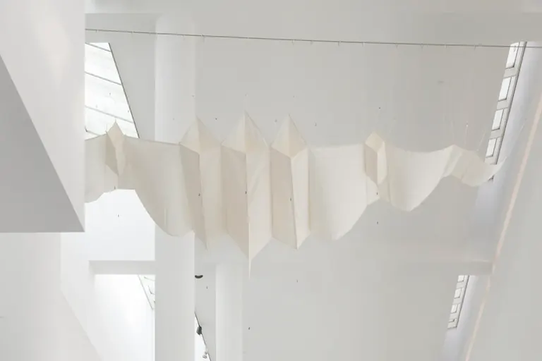 Installation view of Aurèlia Muñoz's Birds-Kites in the MACBA atrium, 2026