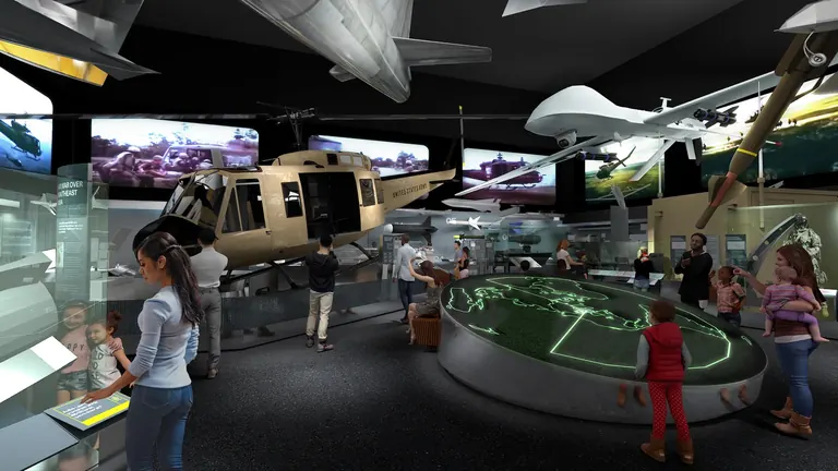 An architect's rendering of the Modern Military Aviation gallery, featuring drones and helicopters