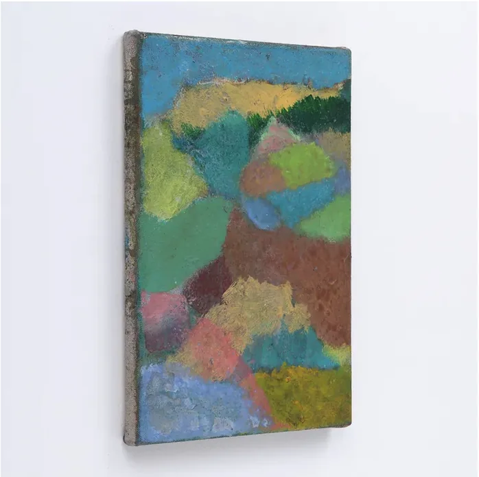 Petite œuvre de la série Overpainting de Blaise Rosenthal, aux épaisses touches de vert, de bleu et d’ocre