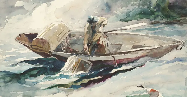 Andrew Wyeth，《Maine Fisherman》，1936 年：一幅水彩畫，描繪漁夫在顛簸的小船上，於灰綠色的洶湧水面收拉釣線