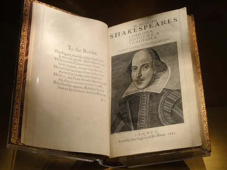 A copy of the 1623 Shakespeare First Folio on display at the Folger Shakespeare Library