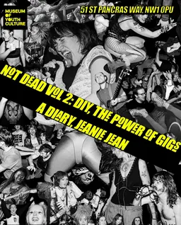 Cartell de Not Dead Vol 2: fotografies en blanc i negre de concerts amb cantants i persones fent crowdsurfing, amb el títol en groc