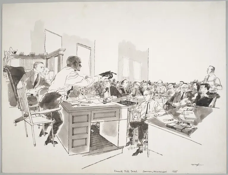 Croquis d’audience de Franklin McMahon représentant Moses Wright lors du procès d’Emmett Till