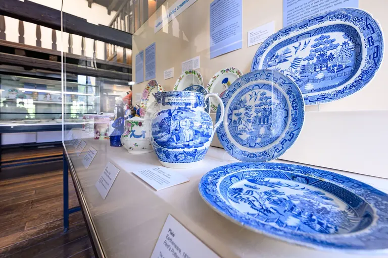 Une collection d’assiettes bleues et blanches élégamment présentées dans une vitrine, qui met en valeur la finesse de leurs motifs