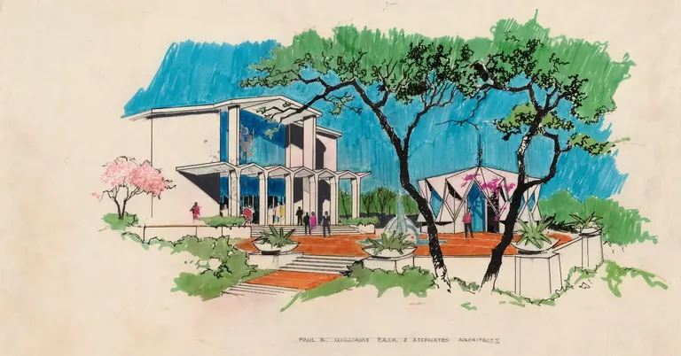 Représentation de l’extérieur de la First African Methodist Episcopal Church of Los Angeles, vers 1960, par Paul R. Williams