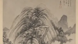 Détail d’une peinture chinoise de paysage montrant des montagnes boisées