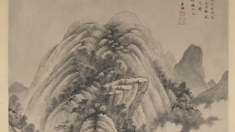 Détail d’une peinture chinoise de paysage montrant des montagnes boisées