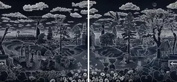 Ade Adesina, Borders, 2025 : estampe en deux panneaux représentant un ciel nuageux au-dessus d’un bois, avec des oiseaux, un cerf et une brouette