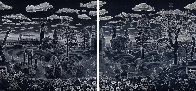 Ade Adesina, Borders, 2025 : estampe en deux panneaux représentant un ciel nuageux au-dessus d’un bois, avec des oiseaux, un cerf et une brouette