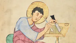 Enluminure de manuscrit représentant saint Luc auréolé, assis devant un pupitre d’écriture