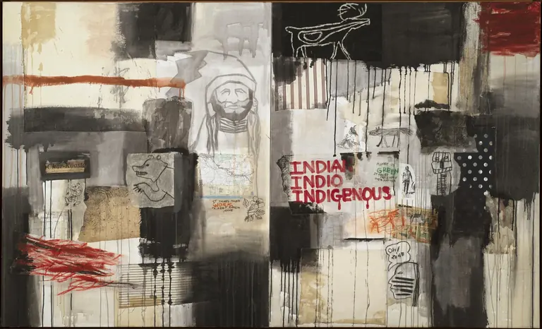 Jaune Quick-to-See Smith, Indian, Indio, Indigenous (1992): a horizontal canvas combining collaged map scraps, comic strips, cloth swatches and dripped paint with scrawled phrases.