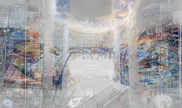 Vue d’artiste de Forever is Composed of Nows, de Sarah Sze, dans l’atrium du SFMOMA