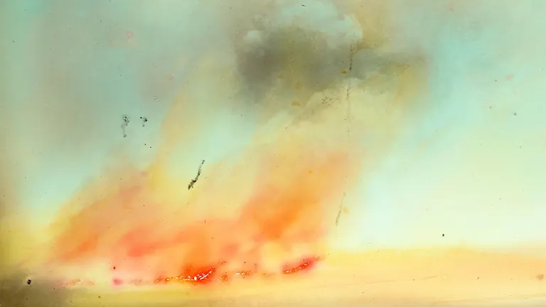 Hand-coloured photograph of grass set on fire to clear land during a German research expedition to Tendaguru, German East Africa, 1909-1913