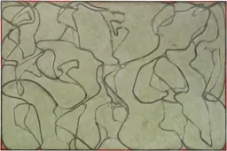 Abstract painting by Brice Marden with a pale green ground covered with winding darker green lines, suggesting an aerial landscape view