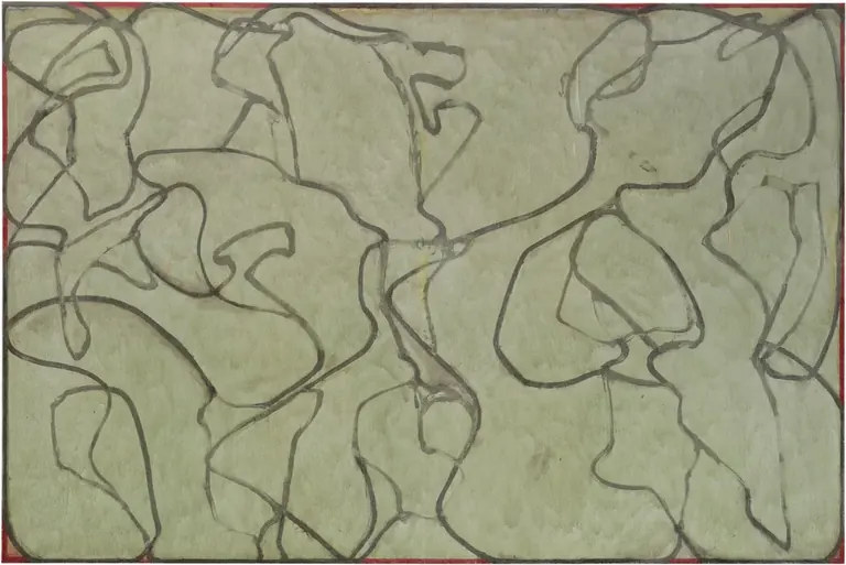Abstract painting by Brice Marden with a pale green ground covered with winding darker green lines, suggesting an aerial landscape view