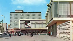 1964 postcard of the Karl-Marx-Allee ensemble with Kino International, designed by Josef Kaiser