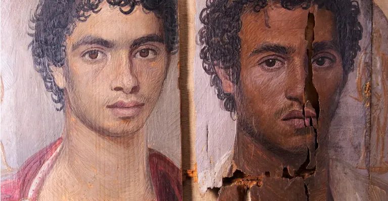 Il potere del ritratto. Egitto e Roma. I volti del Fayum exhibition banner at Museo dell'Ara Pacis