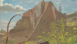 Edifici de maó en ruïnes amb flors silvestres al primer terme, en una obra d’art del Londres en temps de guerra