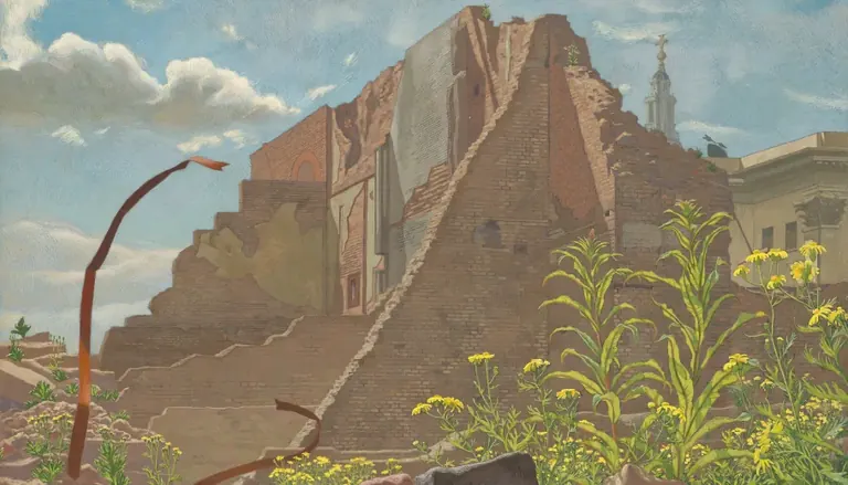 Ruined brick building with wildflowers in the foreground, from wartime London art