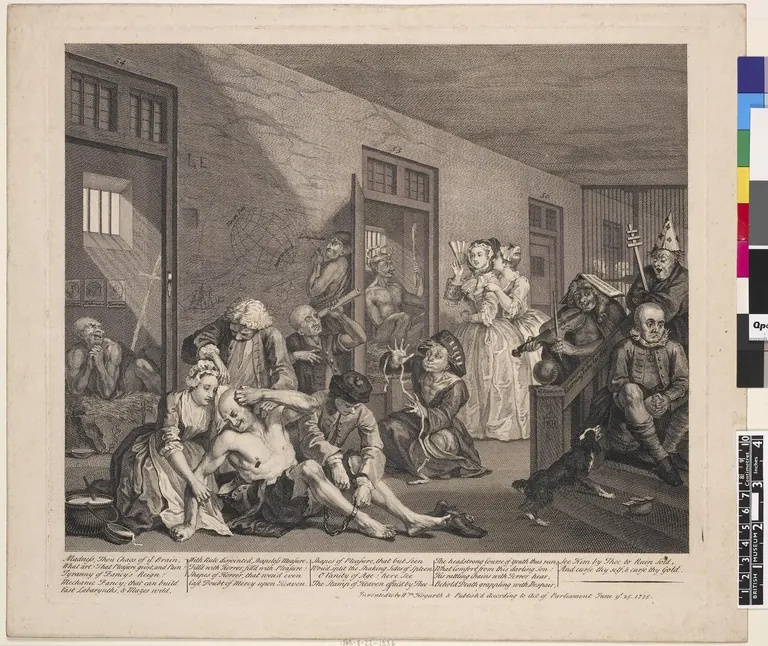 A Rake’s Progress, làmina 8 (l’escena de Bedlam), de William Hogarth, 1735 – gravat basat en la pintura de Sir John Soane’s Museum