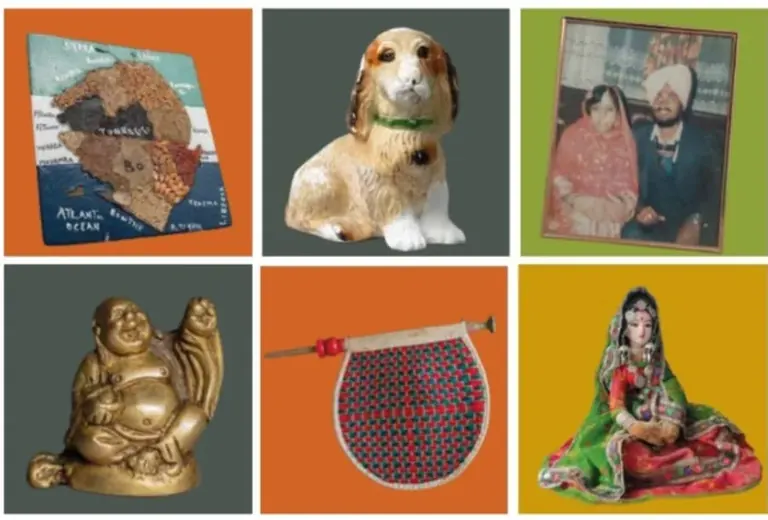 Un collage d’objets comprenant un chien décoratif, un Bouddha doré et la photographie encadrée d’un couple