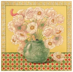 Peinture de Felicia Chiao représentant des fleurs roses dans un vase vert, posé sur une nappe à motifs