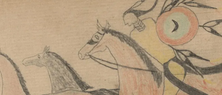Coloured warrior drawings in the Lakota ledger book recovered at the Little Bighorn battlefield